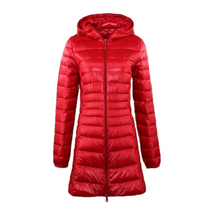 Dorothea | Damen Lange Steppjacke mit Kapuze und Reißverschluss