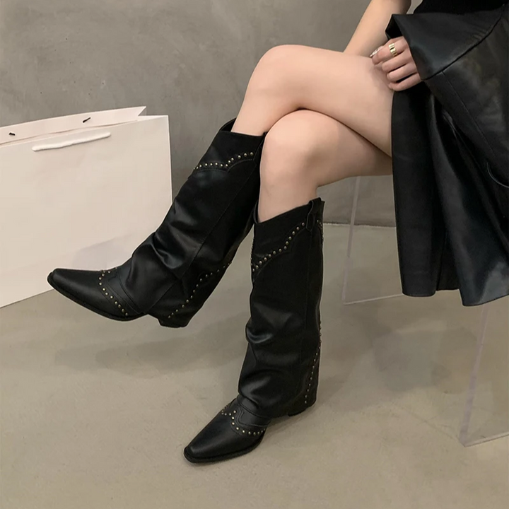 Sabine | Damen Winter Leder-Cowboystiefel mit Nieten