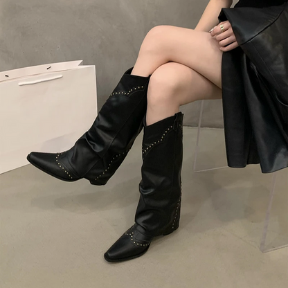 Sabine | Damen Winter Leder-Cowboystiefel mit Nieten