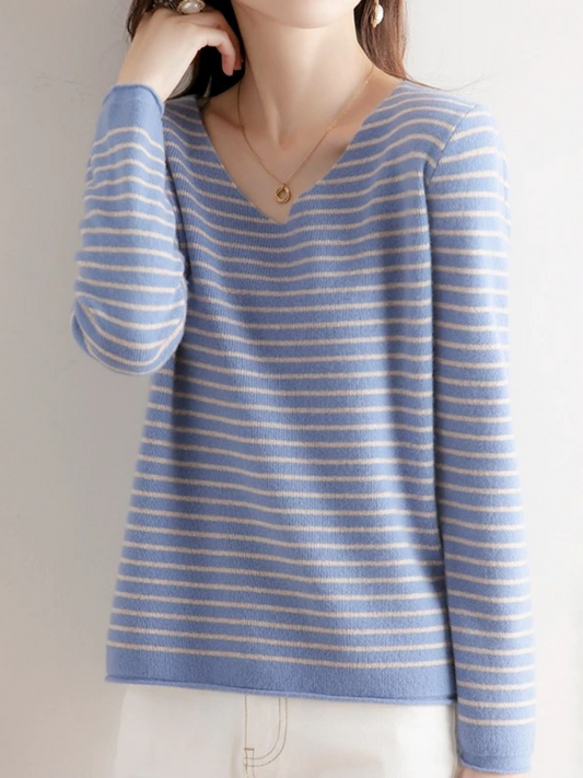 Ann | Damen Gestreiftes V-Ausschnitt Langarmshirt