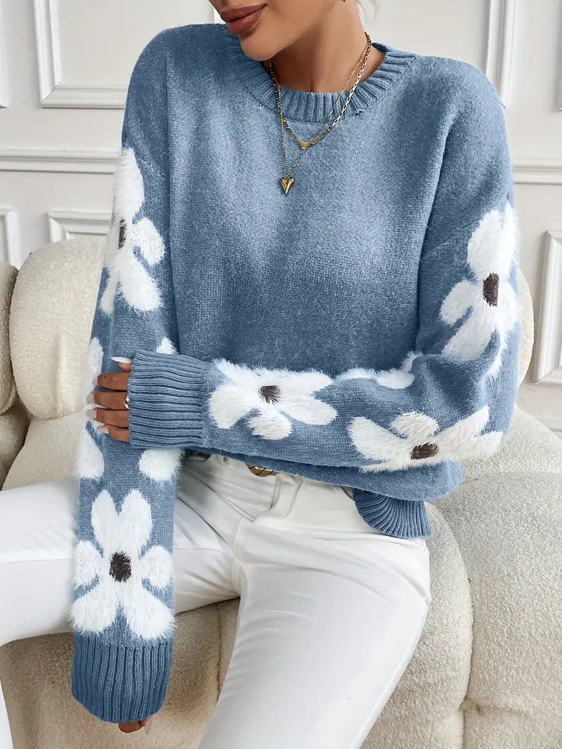 Selina | Damen Winter Pullover mit Blumenmuster