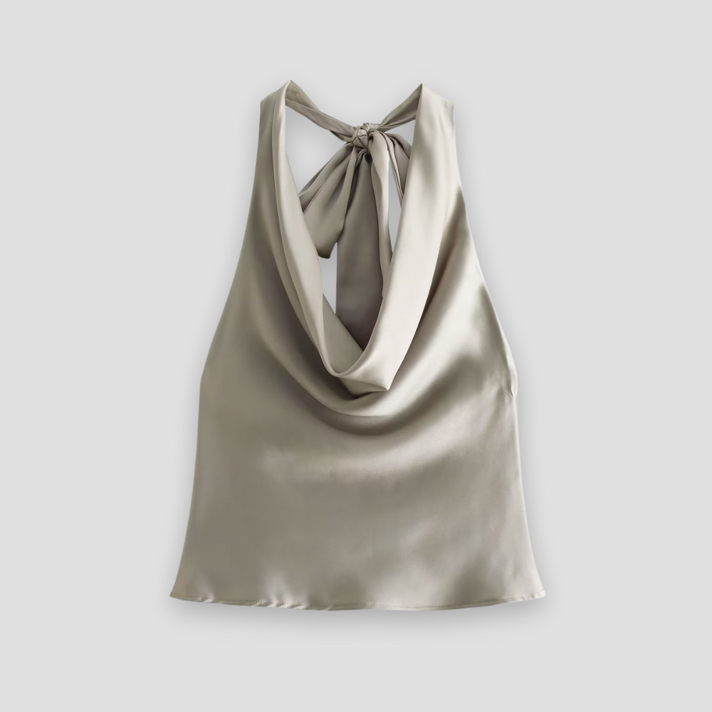 Carolin | Damen Satin-Top mit Drapiertem Halterneck und Offenem Rücken