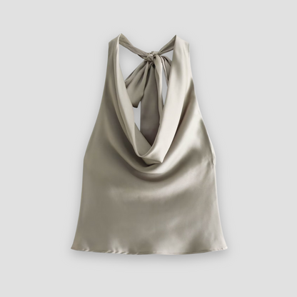 Carolin | Damen Satin-Top mit Drapiertem Halterneck und Offenem Rücken