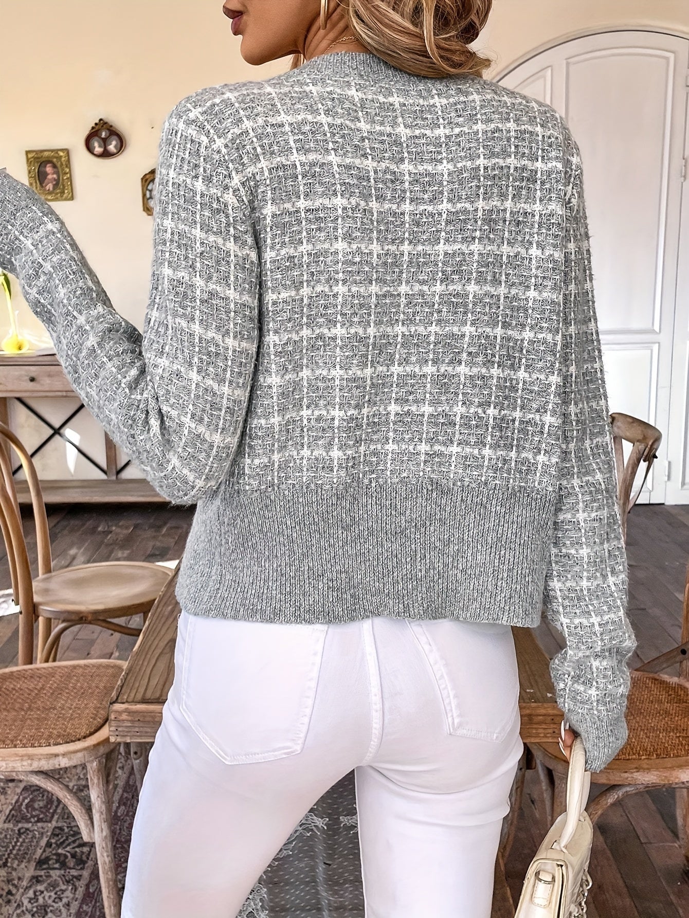 Johanna | Damen Trendige Strickjacke im Tweed-Stil mit Knopfleiste