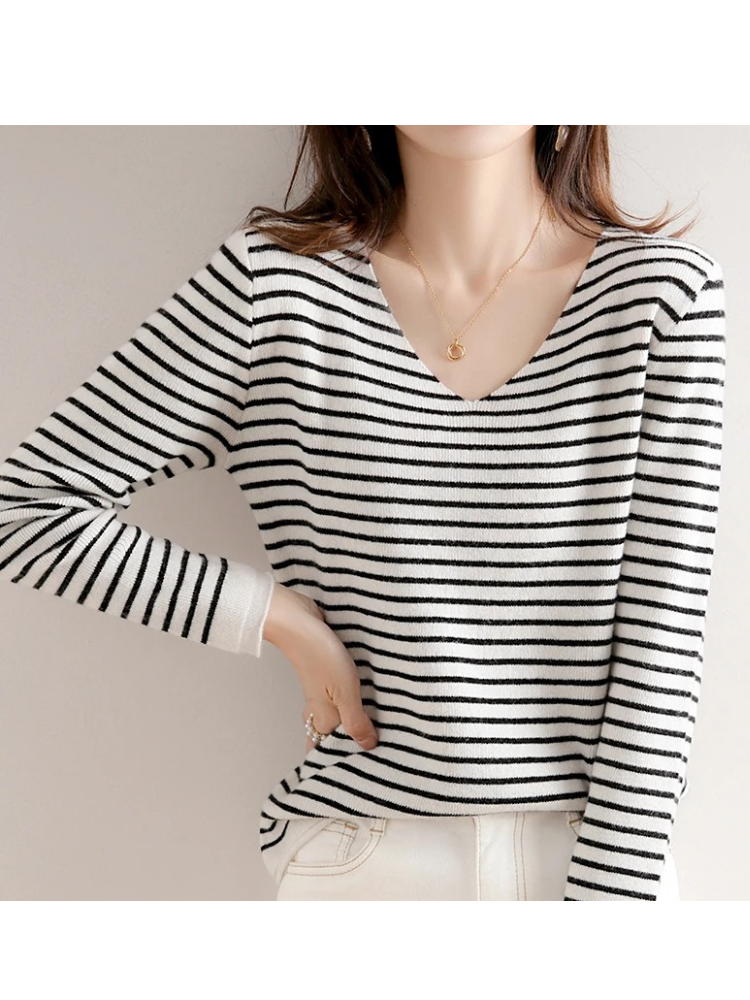 Ann | Damen Gestreiftes V-Ausschnitt Langarmshirt