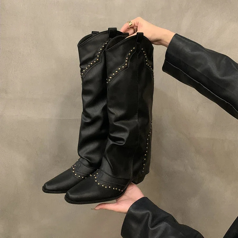Sabine | Damen Winter Leder-Cowboystiefel mit Nieten
