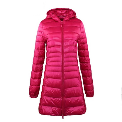 Dorothea | Damen Lange Steppjacke mit Kapuze und Reißverschluss