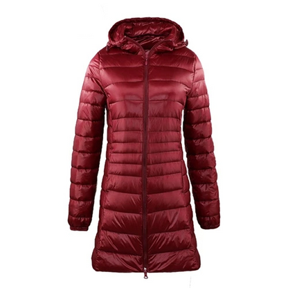 Dorothea | Damen Lange Steppjacke mit Kapuze und Reißverschluss