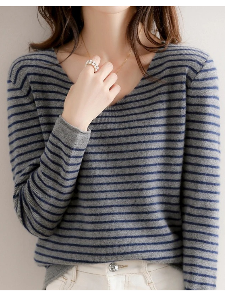 Ann | Damen Gestreiftes V-Ausschnitt Langarmshirt