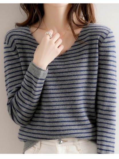 Ann | Damen Gestreiftes V-Ausschnitt Langarmshirt