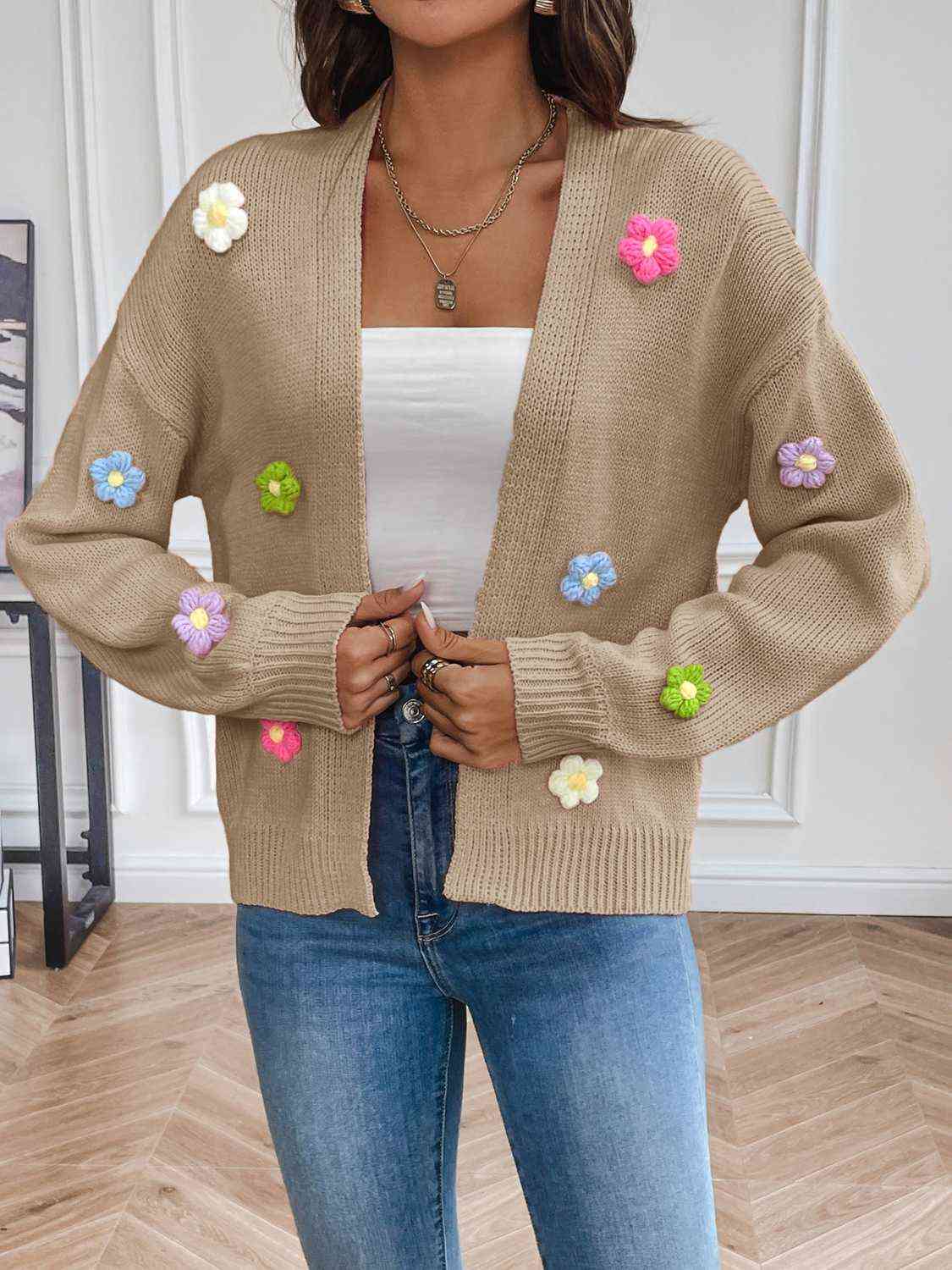 Melanie | Damen Winter Blumen Offener Cardigan