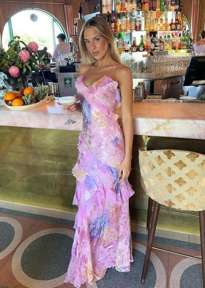 Julia | Damen romantisches, geblümtes, mehrlagiges Abend-Maxikleid