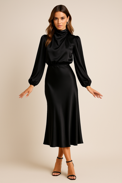 Kerstin | Damen Midi-Kleid mit Hohem Ausschnitt und Langarm
