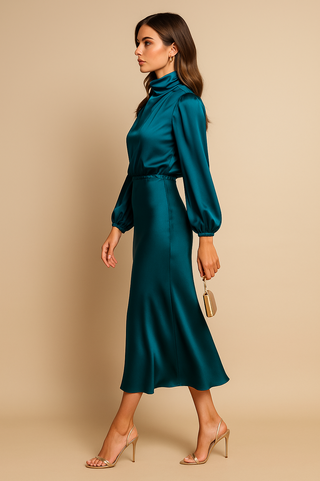 Kerstin | Damen Midi-Kleid mit Hohem Ausschnitt und Langarm