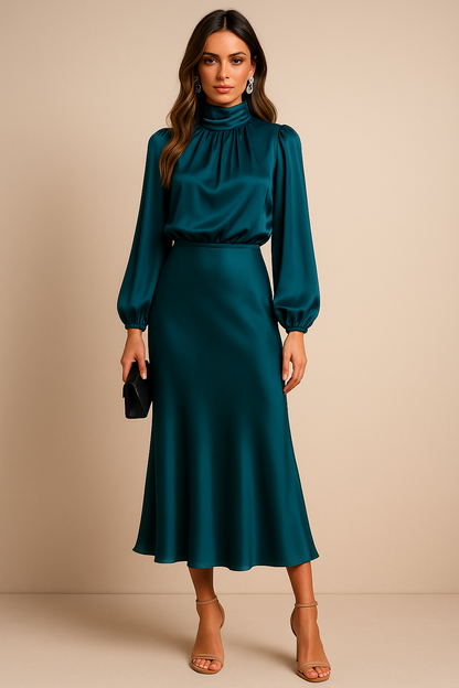 Kerstin | Damen Midi-Kleid mit Hohem Ausschnitt und Langarm
