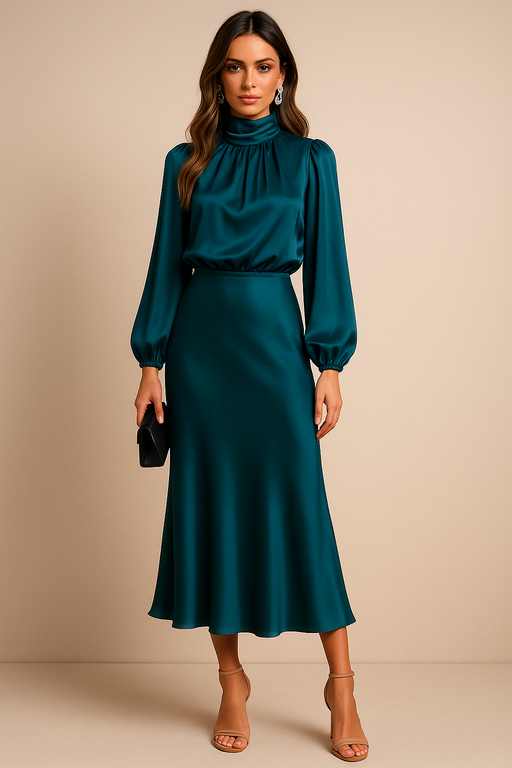 Kerstin | Damen Midi-Kleid mit Hohem Ausschnitt und Langarm
