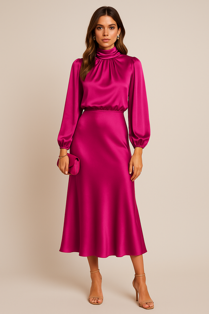 Kerstin | Damen Midi-Kleid mit Hohem Ausschnitt und Langarm