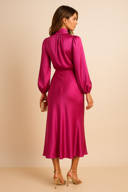 Kerstin | Damen Midi-Kleid mit Hohem Ausschnitt und Langarm