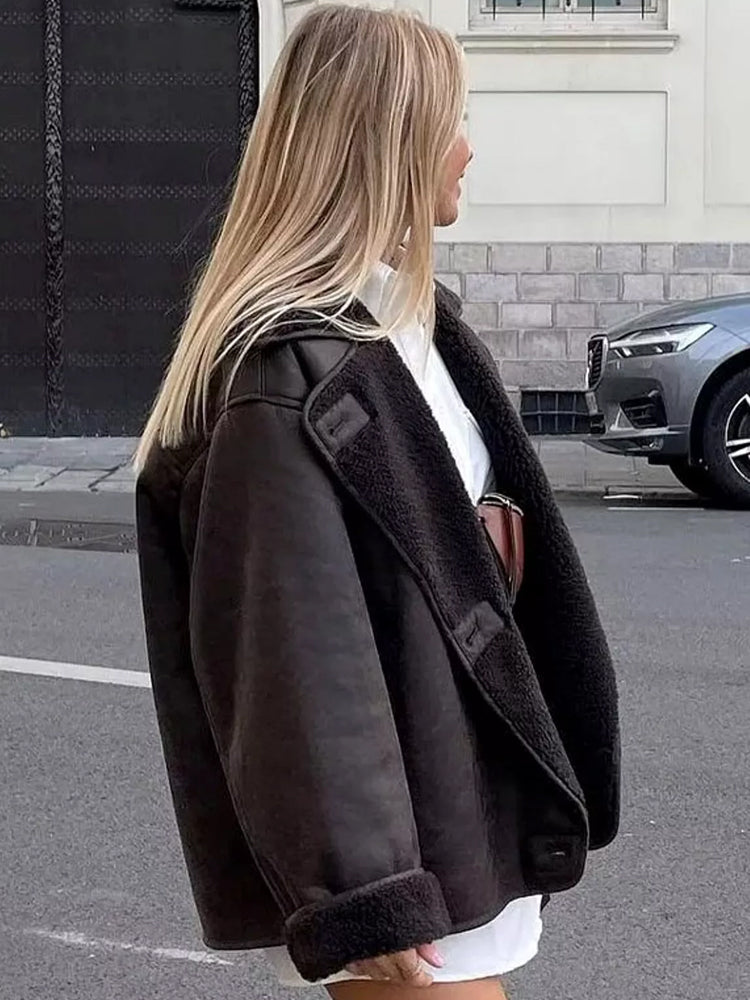 Maria | Schicker Kunstleder Lammfellmantel Damen