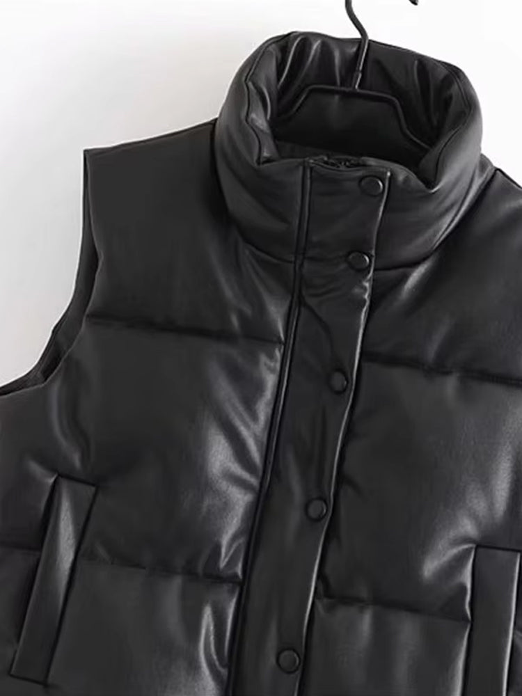 Martina | Damen Elegante Schwarze Leder-Steppweste