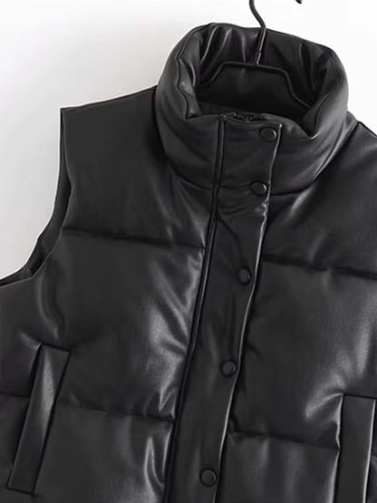 Martina | Damen Elegante Schwarze Leder-Steppweste
