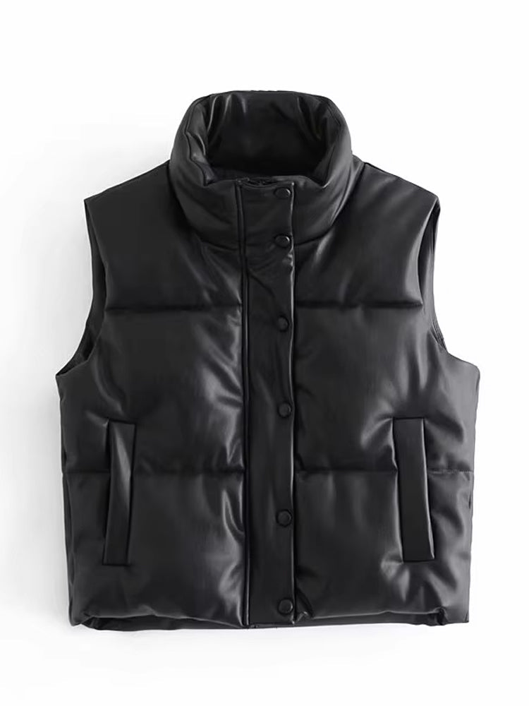 Martina | Damen Elegante Schwarze Leder-Steppweste