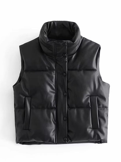 Martina | Damen Elegante Schwarze Leder-Steppweste