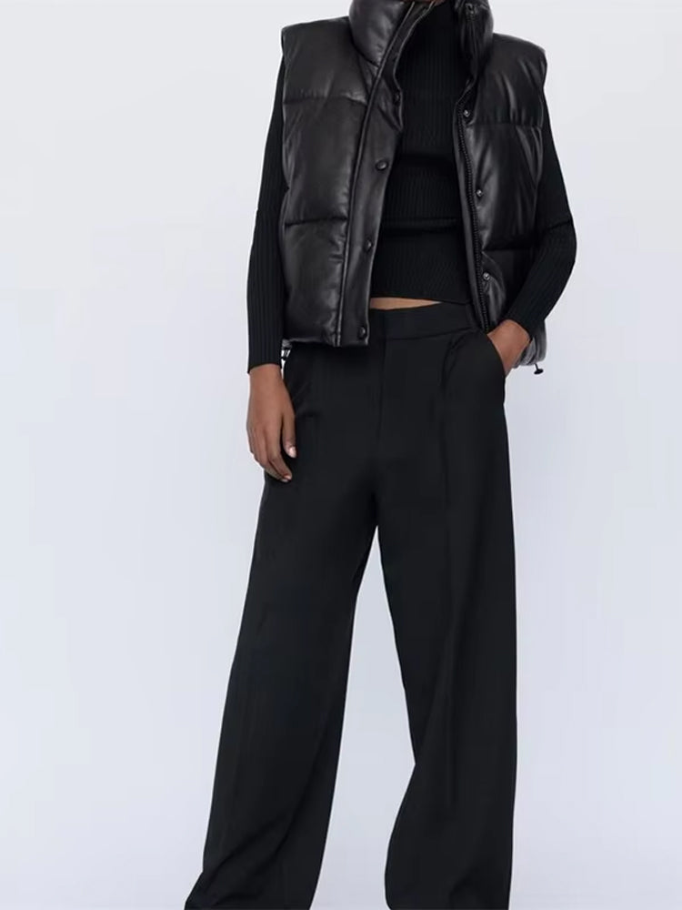 Martina | Damen Elegante Schwarze Leder-Steppweste