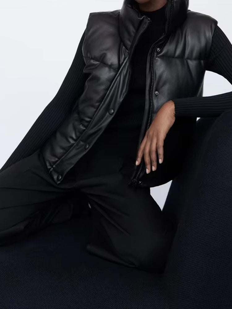 Martina | Damen Elegante Schwarze Leder-Steppweste