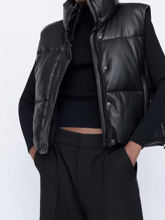 Martina | Damen Elegante Schwarze Leder-Steppweste