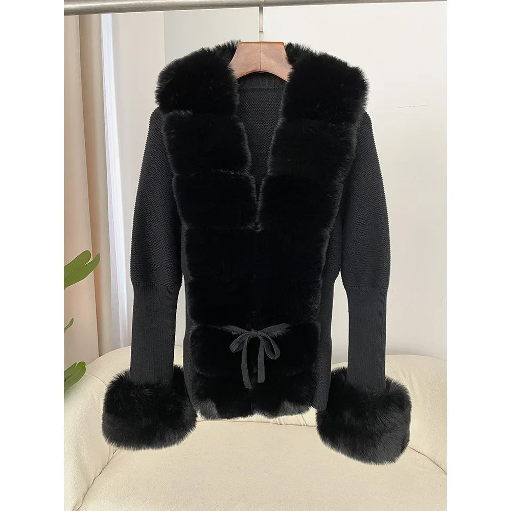 Lydia | Damen Winter Strickcardigan mit Kunstpelz-Besatz
