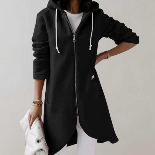 Renate | Lange Kapuzenjacke mit Reißverschluss und Taschen Damen