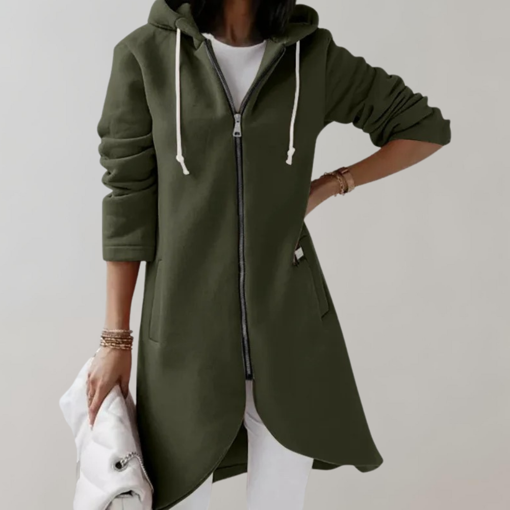 Renate | Lange Kapuzenjacke mit Reißverschluss und Taschen Damen