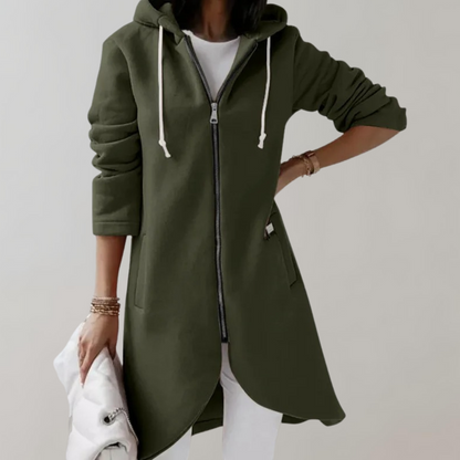 Renate | Lange Kapuzenjacke mit Reißverschluss und Taschen Damen