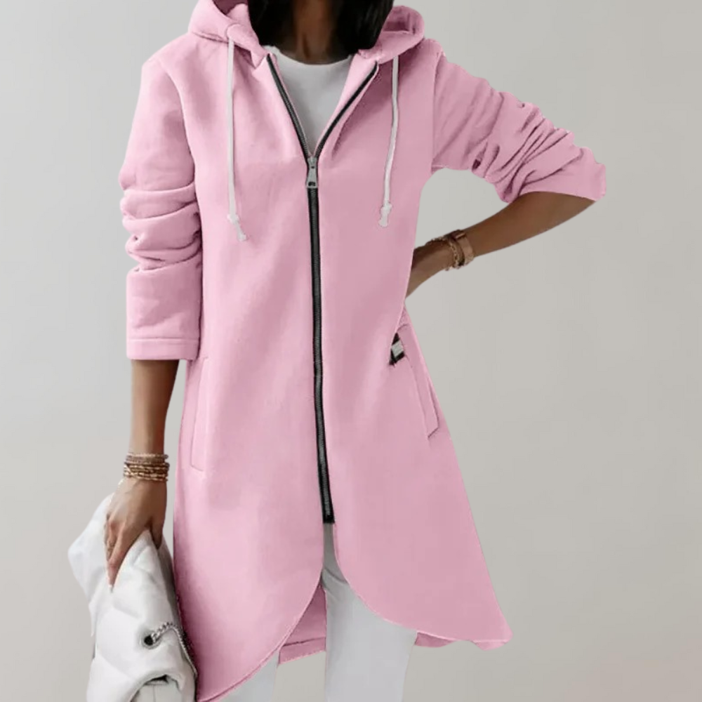 Renate | Lange Kapuzenjacke mit Reißverschluss und Taschen Damen