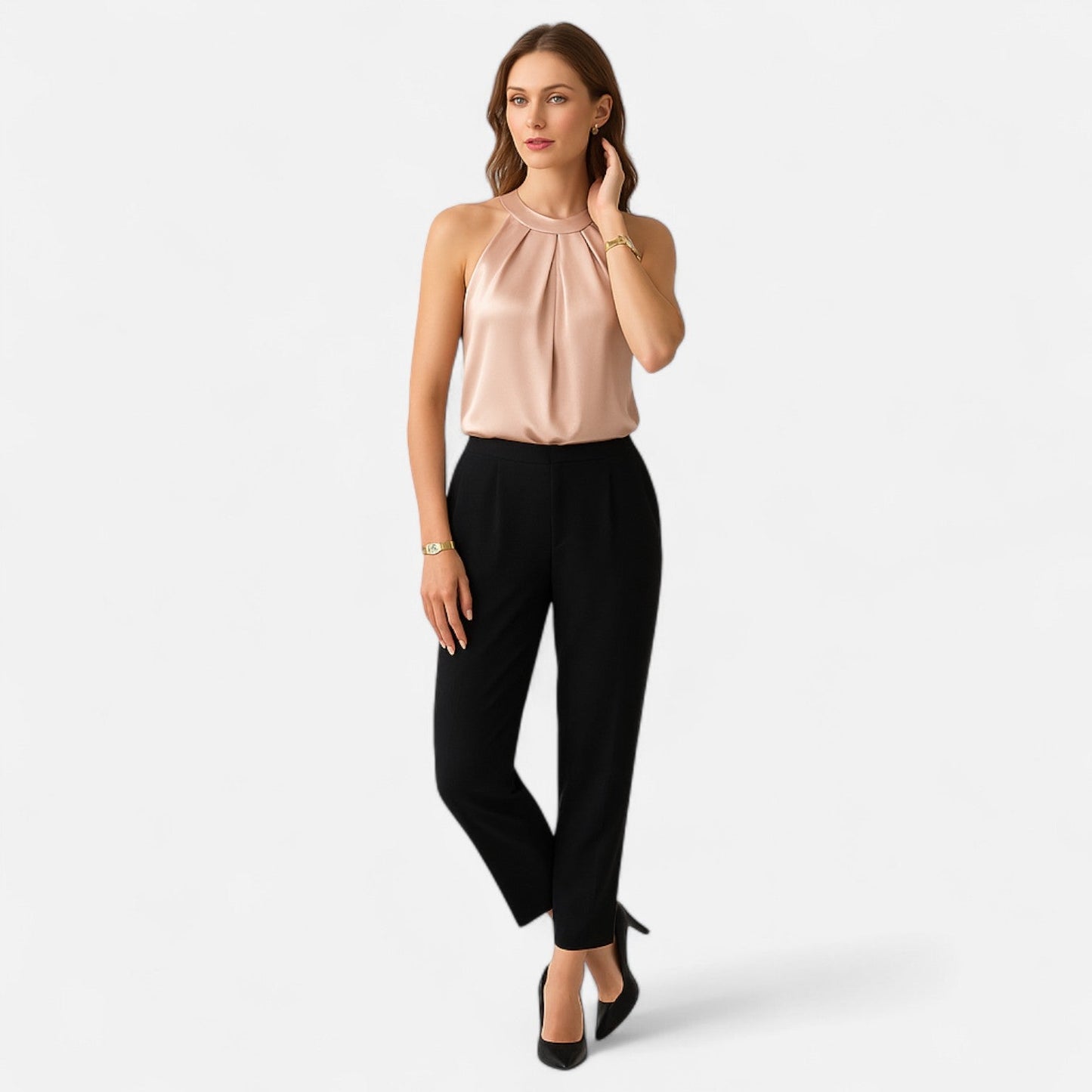 Bettina | Damen Satin-Top mit Falten und Drapiertem Halterneck
