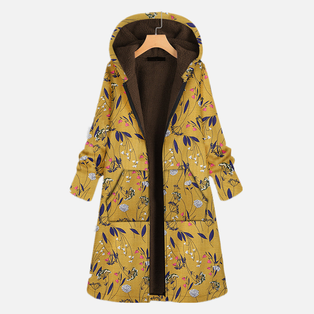 Beatrice | Damen Winter Langer Kapuzenmantel mit Blumenmuster