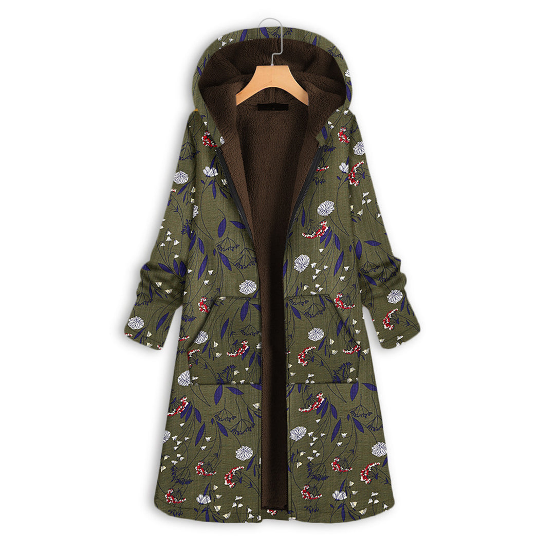 Beatrice | Damen Winter Langer Kapuzenmantel mit Blumenmuster