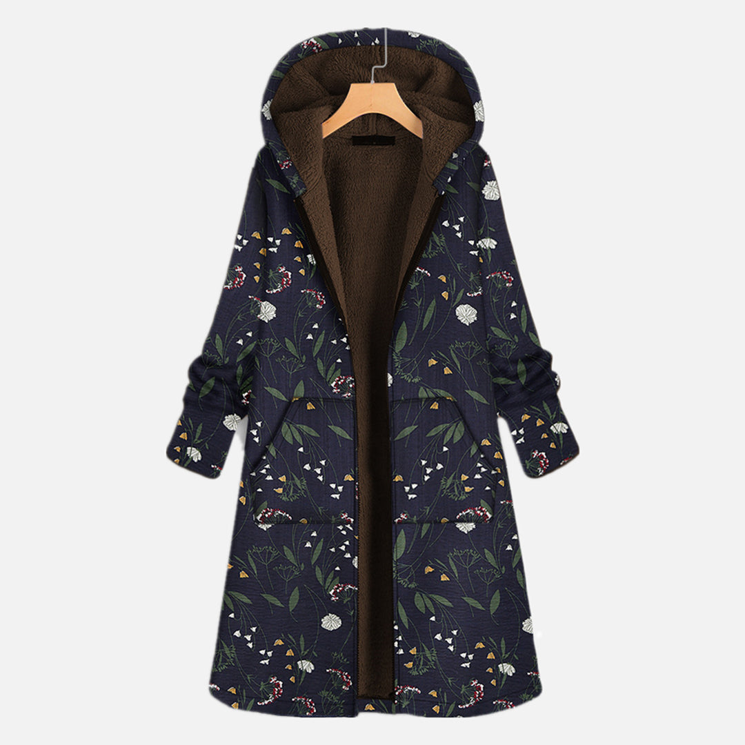 Beatrice | Damen Winter Langer Kapuzenmantel mit Blumenmuster