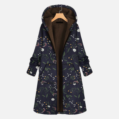 Beatrice | Damen Winter Langer Kapuzenmantel mit Blumenmuster