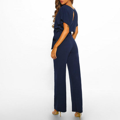 Johanna | Damen Jumpsuit mit Gürtel, weitem Bein und kurzen Ärmeln
