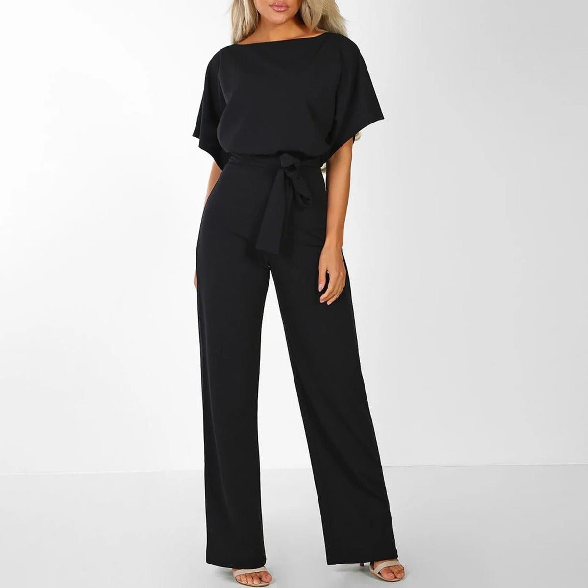 Johanna | Damen Jumpsuit mit Gürtel, weitem Bein und kurzen Ärmeln