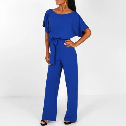 Johanna | Damen Jumpsuit mit Gürtel, weitem Bein und kurzen Ärmeln