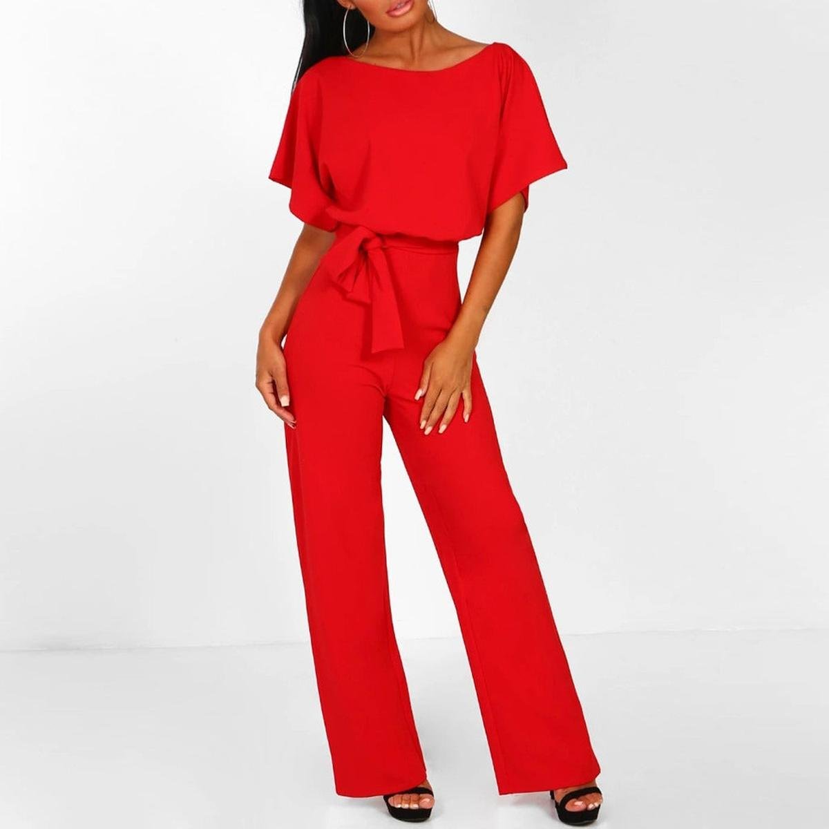 Johanna | Damen Jumpsuit mit Gürtel, weitem Bein und kurzen Ärmeln