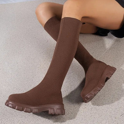 Nadine | Damen Gestrickte Stiefel mit Grober Sohle bis zum Knie