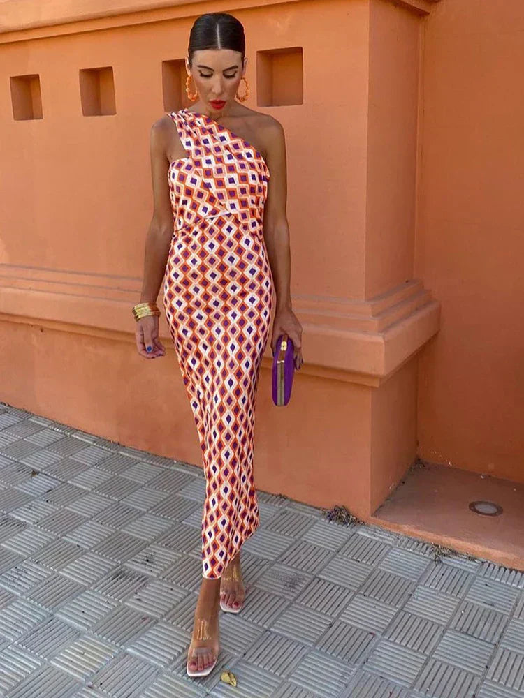 Angela | Stylisches Damen-Ein-Schulter-Kleid mit Print