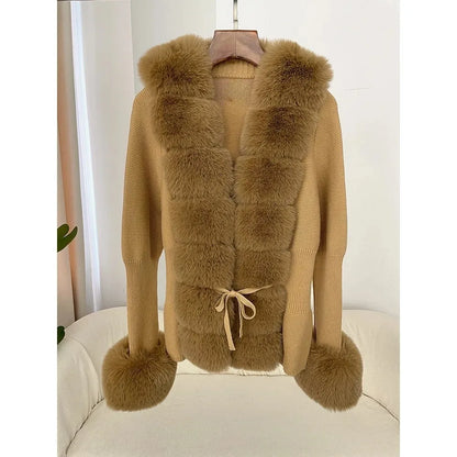 Lydia | Damen Winter Strickcardigan mit Kunstpelz-Besatz