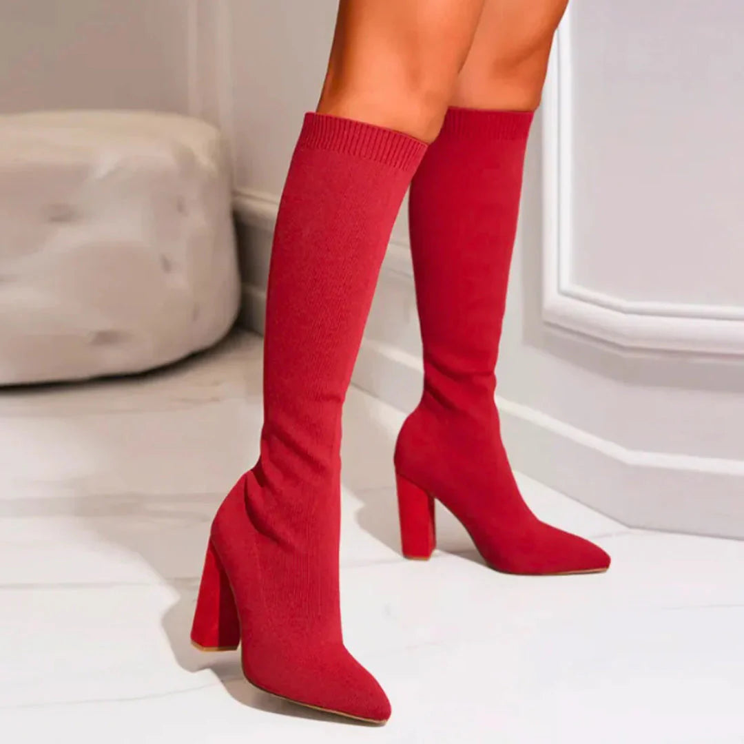 Angela | Damen Winter Strickstiefel mit Hohem Absatz