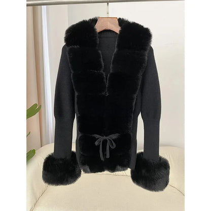 Lydia | Damen Winter Strickcardigan mit Kunstpelz-Besatz