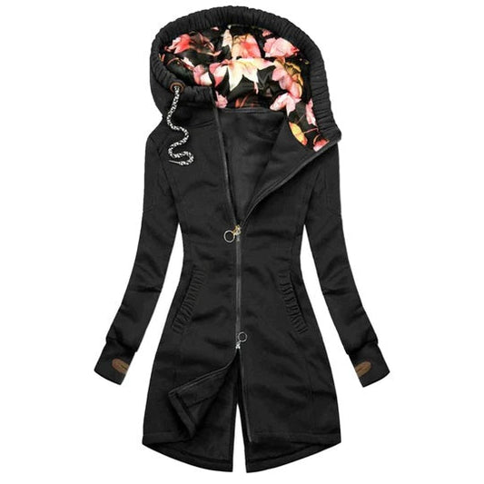Marion | Geblümte Gefütterte Lange Jacke mit Kapuze und Reißverschluss Damen